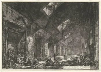 Interieur van de Heliocaminus Baden w de Villa Adriana t i Tivoli Widoki kominka Helio do życia w zimie, który był ogrzewany przez słońce, które było wprowadzane przez okna (tytuł na obiekcie) Gezichten op Rome (tytuł serii) Widoki Rzymu diseg