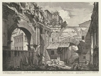 Interieur van de Porticus van Octavia te Rome Widok wnętrza Atrium Portyku Oktawii (tytuł na obiekcie) Gezichten op Rome (tytuł serii) Widoki Rzymu zaprojektowane i wyryte przez architekta Giambattistę Piranesiego Ve (nez) iano (tytuł serii)