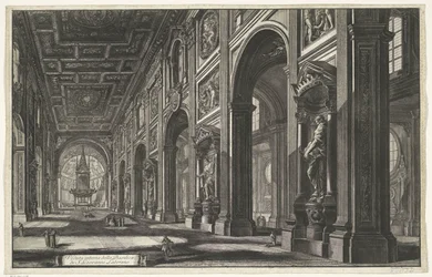 Interieur van de Sint-Jan van Lateranen te Rome Widok wnętrza bazyliki S. Giovanni Laterano (tytuł na obiekcie) Gezichten op Rome (tytuł serii) Widoki Rzymu zaprojektowane i wyryte przez architekta Giambattistę Piranesiego Ve (nez) iano (tytuł serii)