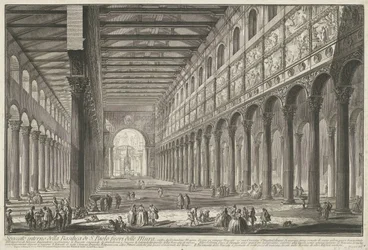 Interieur van de Sint-Paulus buiten de Muren te Rome Widok wnętrza bazyliki S. Paolo fuori delle Mur (...) (tytuł na obiekcie) Gezichten op Rome (tytuł serii) Widoki Rzymu zaprojektowane i wyryte przez architekta Giambattistę Piranesiego Ve (nez) iano
