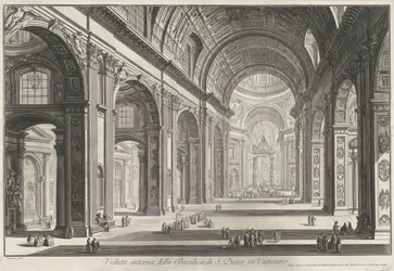 Interieur van de Sint-Pietersbasiliek te Vaticaanstad Widok wnętrza Bazyliki Świętego Piotra w Watykanie (tytuł na obiekcie) Gezichten op Rome (tytuł serii) Widoki Rzymu zaprojektowane i wyryte przez architekta Giambattistę Piranesiego Ve (nez) iano (seria