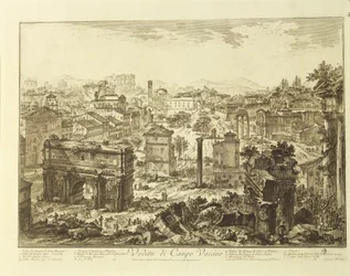 Włochy, Rzym, widok Campo Vaccino (Forum Rzymskie) z Łukiem Septymiusza Sewera (rycina)