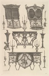 Różne meble w tym dwie lektyki, stolik i komoda Deux c..., ca. 1769.
