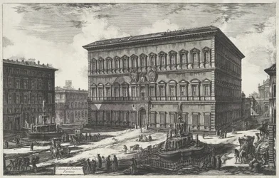 Palazzo Farnese w Rzymie Widok na Palazzo Farnese (tytuł na obiekcie) Gezichten op Rome (tytuł serii) Widoki Rzymu zaprojektowane i wyryte przez architekta Giambattistę Piranesiego Ve (nez) iano (tytuł serii)
