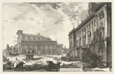 Piazza del Campidoglio w Rzymie Widok na Piazza del Campidoglio (tytuł na obiekcie) Gezichten op Rome (tytuł serii) Widoki Rzymu zaprojektowane i wyryte przez architekta Giambattistę Piranesiego Ve (nez) iano (tytuł serii)