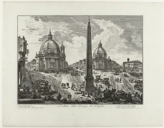 Piazza del Popolo te Rome (tytuł na obiekcie) Widok na Piazza del Popolo (tytuł na obiekcie) Gezichten op Rome (tytuł serii) Widoki Rzymu zaprojektowane i wyryte przez architekta Giambattistę Piranesiego Ve (nez) iano (tytuł serii)
