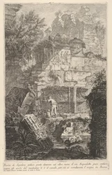 Płyta 6: Ruiny starożytnego grobowca przed ruinami starożytnego akweduktu, nad łukiem..., 1743.
