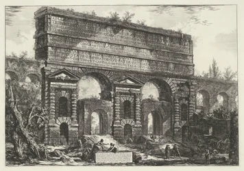 Porta Maggiore w Rzymie Widok pomnika wzniesionego przez cesarza Tytusa Wespazjana (...) (tytuł na obiekcie) Gezichten op Rome (tytuł serii) Widoki Rzymu zaprojektowane i wyryte przez architekta Giambattistę Piranesiego Ve (nez) iano (tytuł serii)