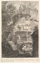 Ruiny starożytnego grobowca przed ruinami starożytnego akweduktu Ruine di Sepolcro a..., ca. 1750.
