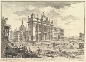 S. Giovanni in Laterano, fasada główna, z pałacem i Scala Santa po prawej stronie (Veduta della Basilica di S. Giovanni Laterano), z „Vedute di Roma”