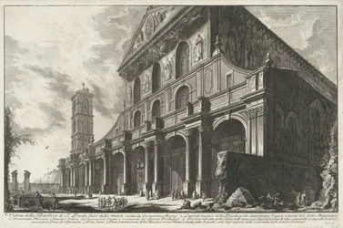 Sint-Paulus buiten de Muren te Rome Widok bazyliki św. Pawła za murami, zbudowanej przez Konstantyna Wielkiego (tytuł na obiekcie) Gezichten op Rome (tytuł serii) Widoki Rzymu zaprojektowane i wyryte przez architekta Giambattistę Piranesiego Ve (nez) iano 