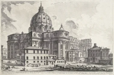 Sint-Pietersbasiliek vanaf Plac Zakrystii Widok z zewnątrz wielkiej Bazyliki św. Piotra w Watykanie (tytuł na obiekcie) Gezichten op Rome (tytuł serii) Widoki Rzymu zaprojektowane i wyryte przez architekta Giambattistę Piranesiego Ve (nez) iano (ser