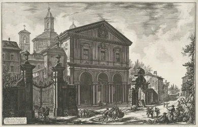 Sint-Sebastiaan buiten de Muren te Rome Widok Bazyliki S. Sebastiano za murami Rzymu, na Via Appia (tytuł na obiekcie) Gezichten op Rome (tytuł serii) Widoki Rzymu zaprojektowane i wyryte przez architekta Giambattistę Piranesiego Ve (nez) ian