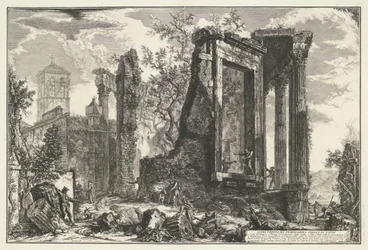 Tempel van Vesta en de Tempel van de Tiburtijnse Sibille w Tivoli Inny widok na świątynię Sybilli w Tivoli (tytuł na obiekcie) Gezichten op Rome (tytuł serii) Widoki Rzymu zaprojektowane i wyryte przez architekta Giambattistę Piranesiego Ve (nez) iano (ser