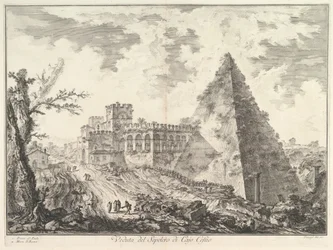 Piramida Caiusa Cestiusza, z Porta S. Paolo i przylegającą do niej drogą Veduta del S..., ca. 1755.