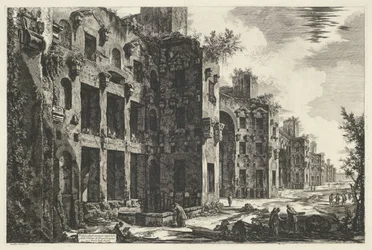 Thermen van Diocletianus te Rome Widok górnych pozostałości Łazienek Dioklecjana w S. Maria degli Angeli (tytuł na obiekcie) Gezichten op Rome (tytuł serii) Widoki Rzymu zaprojektowane i wyryte przez architekta Giambattistę Piranesiego Ve (nez) iano (seri