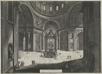 Transept van de Sint-Pietersbasiliek te Vaticaanstad Widok wnętrza Bazyliki Świętego Piotra w Watykanie w pobliżu Tribuna (tytuł na obiekcie) Gezichten op Rome (tytuł serii) Widoki Rzymu zaprojektowane i wyryte przez architekta Giambattistę Piranesiego Ve 