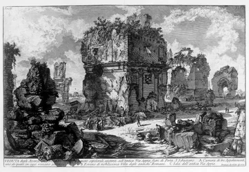 Widok grobowca na Via Appia w Rzymie. Rysunek autorstwa Giovanniego Piranesiego (znanego jako Piranese) (1720-1778). 1756