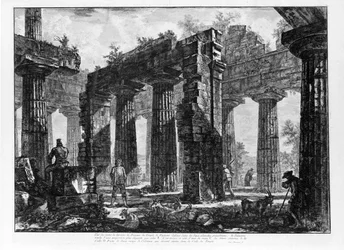 Widok na świątynie Paestum (litografia)