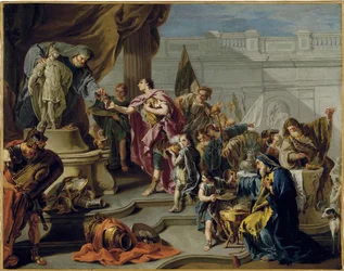 Scypion Afrykański (Publius Cornelius Scipio Africanus) (235-183 pne) składa hołd bogu Marsowi (Scipio składa hołd Marsowi) - Obraz Giovana Battisty Pittoniego (1687-1767), olej na płótnie (71,7x91,1 cm) - Prywatna kolekcja