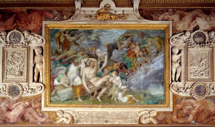 Fresk piątej południowej travey Galerie Francois I na zamku Fontainebleau ukazujący śmierć Adonisa. Obraz Giovanniego Battisty di Jacopo Rosso (1494-1541)