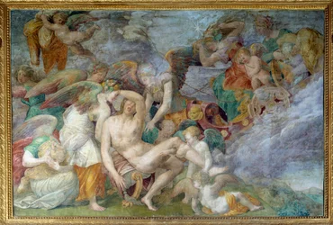 Śmierć Adonisa, fresk z 5. południowego przęsła galerii Franciszka I w Fontainebleau. Obraz Giovanniego Battisty di Jacopo Rosso (1494-1541)