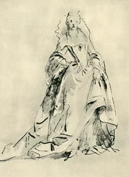 Dama ubrana w suknię z wysokim kołnierzem i szpiczastym gorsetem, początek XVIII w., 1943 r.