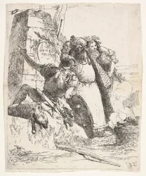 Scena nekromancji: kobieta niosąca naczynie, mężczyzna w turbanie i spojrzenie żołnierza..., ca. 1743-57.