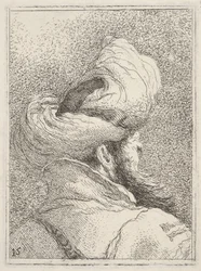 Brodaty mężczyzna w turbanie, przedstawiony w długości biustu od tyłu w trzech czwartych w..., ca. 1770.