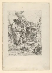 Kobieta klęcząca przed iluzjonistami i innymi postaciami ze Scherzi, ca. 1743-50.