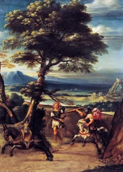 Pejzaż z Absalomem rannym włócznią Joaba, Giovanni Battista Viola (1576-1622), olej na miedzi, 45x34 cm