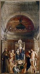 Ołtarz św. Hioba: Dziewica z Dzieciątkiem z sześcioma świętymi i Aniołami Muzyków (tempera na desce, ok. 1487)
