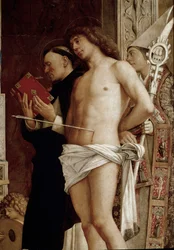 Ołtarz św. Hioba: Dziewica z Dzieciątkiem z sześcioma świętymi i aniołami muzyków. Detal (tempera na desce, ok. 1487)