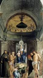 Madonna z Dzieciątkiem, muzykalne anioły i święci Franciszek, Jan Chrzciciel, Hiob, Dominik..., ok. 1487