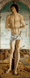 Poliptyk świętego Wincentego Ferreriusza: święty Sebastian. Obraz Giovanniego Belliniego, zwanego il Giambellino (około 1432-1516), 1464-1468, wymiary 167 x 67 cm, Wenecja, Chiesa dei Santi Giovanni e Paolo