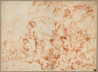 Bachanalia przed hermą, początek lat 60. XVI wieku (olej i czerwono-brązowy pigment)