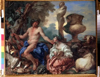 „Scena pasterska, pasterka i fauna” (Scena pasterska. Faun i pasterka) Obraz Giovanniego Benedetto Castiglione (1610-1665) ok. 1650 r. Moskwa, Muzeum Sztuk Pięknych im. Puszkina