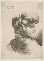 Mężczyzna z profilu zwrócony w prawo, w futrzanym kapeluszu, z serii Małe głowy w Or..., ca. 1645-1650.
