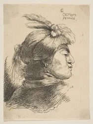 Mężczyzna ubrany w mały turban Oonamentowany z pióropuszami i wstążką, twarzą w prawo, od..., ok. godz. 1645-1650.