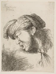 Mężczyzna w turbanie, w krawacie zawiązanym na szyi, zwrócony w lewo, z serii..., 1645-1650.