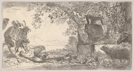Po lewej stronie półleżąca patelnia z dwoma stojącymi satyrami, po prawej duża waza na postumencie, ca. 1645.