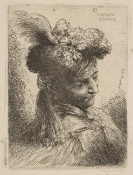 Młody mężczyzna stojący trzy czwarte w prawo, w futrzanym nakryciu głowy z pióropuszem, klejnot w..., ca. 1645-50.