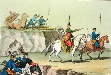 Oddział nacierających żołnierzy, ilustracja z „Le Costume Ancien et Moderne” Giulio Ferrario, wydana ok. 1820-30 (kolor lito)