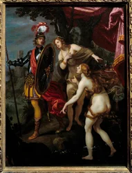 Carlo i Ubaldo idą do dostarczenia Rinaldo Ilustracja przedstawiająca scenę „La Jerusalem delivree” (La gerusalemme liberata) autorstwa Torquato Tasso (zwanego Kubkiem). Obraz Giovanniego Biliverta (1576-1644) XVI wiek