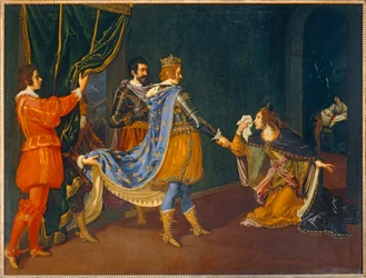 Izabela Aragońska błaga Karola VIII w imieniu swojego ojca, Alfonsa, króla Neapolu, i jej męża, Giovanniego Galeazzo Sforzy, księcia Mediolanu ...