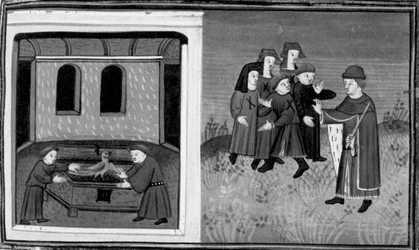Decameron, Giovanni del Bragoniera i Biagio Pizzini kradną relikwię bratu Ciboule; zakonnik naznacza węglem ubrania wieśniaków. Dzień szósty, wiadomość nr 10