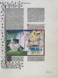 Gabriotto umiera w ramionach Andreuoli, Andreuola przynosi jego ciało do domu i zostaje aresztowany, Andreuola zostaje uznana za niewinną i zostaje zakonnicą, miniatura Dekameronu, Dzień czwarty, Opowieść szósta, autorstwa Giovanniego Boccaccio (1313-1375)