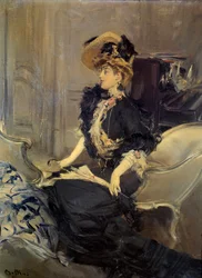 Belle Époque: „Wizyta” Elegancka młoda kobieta w sukni wieczorowej.