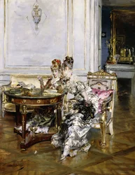 Eleganckie panie we wnętrzu, ok.1875