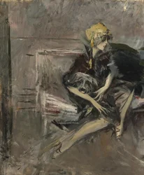 Dama w żółtym kapeluszu ze swoim psem Marchesa Casati